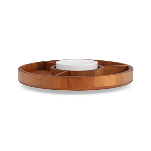 Nambe Duets Collection Lazy Susan, Divided Organizer, Serving Tray, Crudité Platter, Kitchen, Dining, Pantry Display and Storage, Acacia Wood Tray, Porcelain Dip Bowl