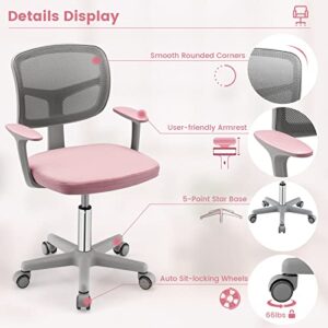 Giantex Kids Desk Chair, Height Adjustable Children Swivel Computer Chair with Y-Shaped Lumbar Support & Auto Sit-Locking Wheels, Mesh Kids Task Chair for Study, Boys Girls Aged 4-13, Pink