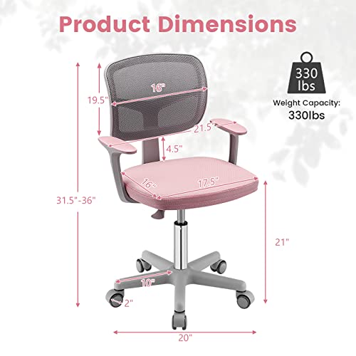Giantex Kids Desk Chair, Height Adjustable Children Swivel Computer Chair with Y-Shaped Lumbar Support & Auto Sit-Locking Wheels, Mesh Kids Task Chair for Study, Boys Girls Aged 4-13, Pink
