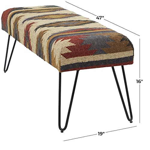 Deco 79 Metal Tribal Bench with Metal Hairpin Legs, 47" x 19" x 16", Multi Colored