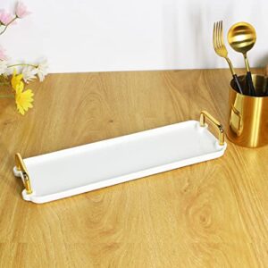 Porcelain Serving Tray with Gold Handles, 14 x 4 inch White Decorative Tray with 1”Wall, Long Narrow Coffee Table Tray Rectangular Tea Tray Decor with Gold Rim for Party, Entertaining S Halyuhn