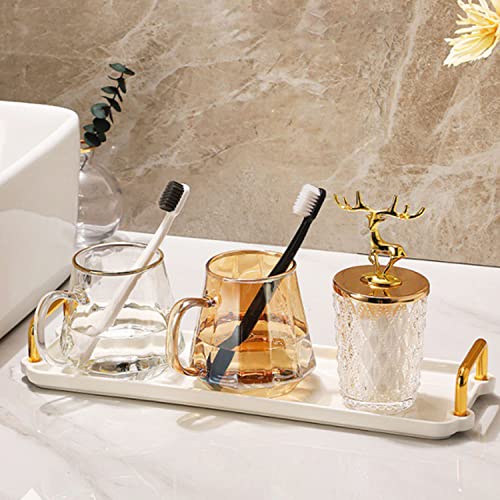 Porcelain Serving Tray with Gold Handles, 14 x 4 inch White Decorative Tray with 1”Wall, Long Narrow Coffee Table Tray Rectangular Tea Tray Decor with Gold Rim for Party, Entertaining S Halyuhn