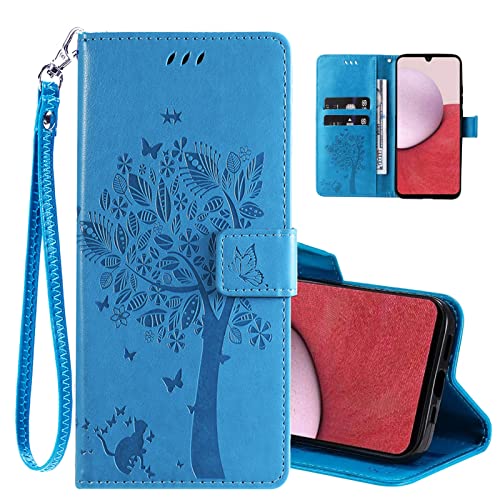 PAOBIR for Samsung Galaxy A14 5G Case,Galaxy A14 5G Wallet Case,Flip Case PU Leather Emboss Love Tree Cat Flowers Wrist Strap Credit Card Folio Kickstand Cover for Samsung Galaxy A14 5G Blue