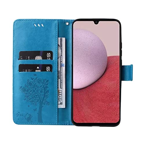 PAOBIR for Samsung Galaxy A14 5G Case,Galaxy A14 5G Wallet Case,Flip Case PU Leather Emboss Love Tree Cat Flowers Wrist Strap Credit Card Folio Kickstand Cover for Samsung Galaxy A14 5G Blue