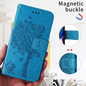 PAOBIR for Samsung Galaxy A14 5G Case,Galaxy A14 5G Wallet Case,Flip Case PU Leather Emboss Love Tree Cat Flowers Wrist Strap Credit Card Folio Kickstand Cover for Samsung Galaxy A14 5G Blue