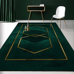 luxury emerald green gold geometric area rug, golden lines on blue background living room rugs, non slip machine washable easy care carpet for indoor hallway dining room home decor - 5.3 ft x 6.6 ft