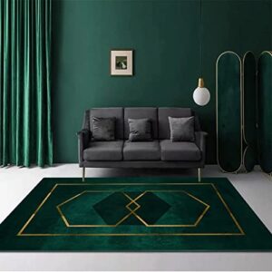 Luxury Emerald Green Gold Geometric Area Rug, Golden Lines on Blue Background Living Room Rugs, Non Slip Machine Washable Easy Care Carpet for Indoor Hallway Dining Room Home Decor - 5.3 ft x 6.6 ft