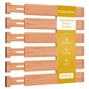 casavala expandable drawer organizer (6 pack) expandable bamboo drawer dividers for kitchen, bathroom, dressers, home & office, bamboo drawer dividers set of 6