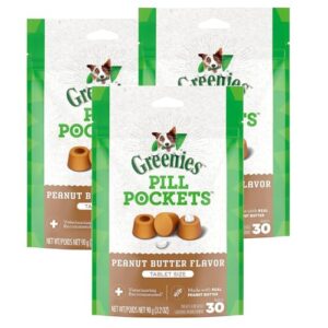 greenies bundle pack pill pocket tablet for dogs (3 pack) flavored dog treats (90 tablets) bundle dental chew treats (peanut butter)