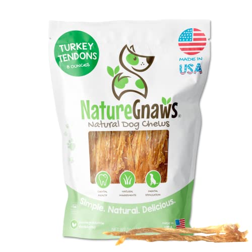 Nature Gnaws Turkey Tendons - Premium Natural Chew Treats - Delicious Reward Snack for Small Medium & Large Dogs - Made in The USA 8 oz Bag