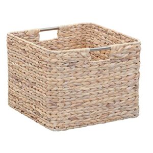 household essentials, white wash square wicker basket, hyacinth cube with stainless steel handles, intricate and durable weave, sturdy metal frame