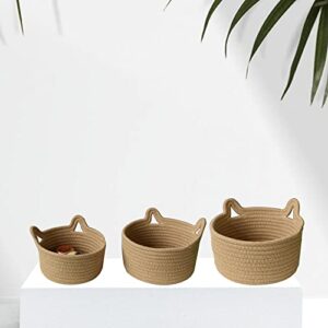 woven storage baskets for organizing – set of 3 small, medium & large, decorative round cotton rope basket for home decor with cute cat ear handles, bins, organization box with handle