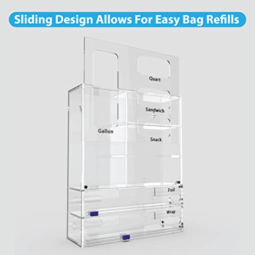 OPGoods 6 in 1 Ziplock Bag Organizer for Drawer - Foil & Plastic Wrap Dispenser with Cutter - Fits Gallon, Quart, Sandwich, Snack Bags & 12-inch Rolls