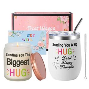 thinking of you gifts - send a big hug scented candle set & insulated tumbler, feel better cheer up get well soon gifts for women, after surgery gift, inspirational candles, grieving, condolence, 7 oz