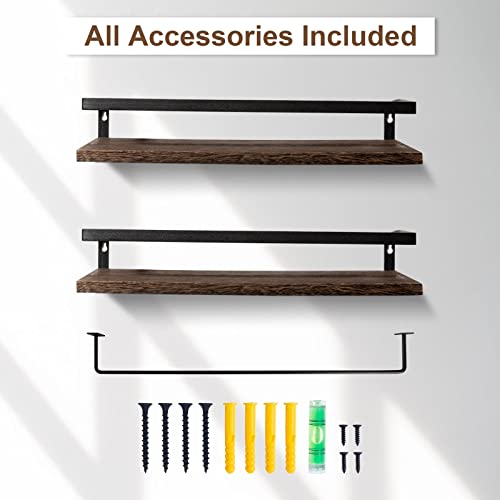 AGM Floating Shelves, Bathroom Floating Shelf Set of 2, Carbonized Black Wall Storage Shelf with Towel Bar, Wall Mounted Shelves for Plants, Book, Bathroom, Bedroom, Kitchen, Living Room Decoration