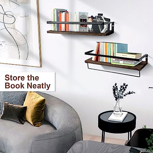 AGM Floating Shelves, Bathroom Floating Shelf Set of 2, Carbonized Black Wall Storage Shelf with Towel Bar, Wall Mounted Shelves for Plants, Book, Bathroom, Bedroom, Kitchen, Living Room Decoration