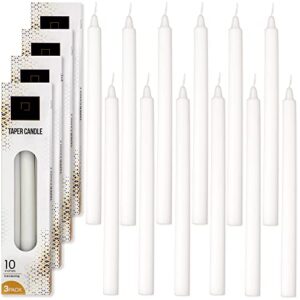 decorrack 12 white taper candles, 10 inch, unscented long lasting and smokeless, premium quality dinner candles ideal for weddings, party, and home decor (4 boxes, 3 candles each)