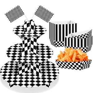 checkered racing party cupcake stand and 30 pcs paper food trays car party supplies black and white checkered racing flag 3 tier cake cupcake holder paper boats for birthday party baby shower cake