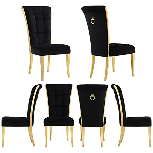 ACEDÉCOR Dining Chairs,Upholstered High end Velvet Dining Room Chair with Metal Back Ring Pull Trim Golden Legs, Modern Elegant Dining Chair for Living Room, Meeting Room, Kitchen (Black, Set of 6)