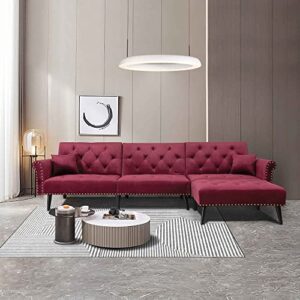 aty sectional convertible futon sofa bed, l-shaped couch with 2 pillows and reversible chaise lounge, velvet nailhead decor livingroom furniture, 115", red