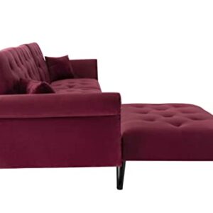 ATY Sectional Convertible Futon Sofa Bed, L-Shaped Couch with 2 Pillows and Reversible Chaise Lounge, Velvet Nailhead Decor Livingroom Furniture, 115", Red