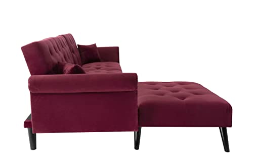 ATY Sectional Convertible Futon Sofa Bed, L-Shaped Couch with 2 Pillows and Reversible Chaise Lounge, Velvet Nailhead Decor Livingroom Furniture, 115", Red