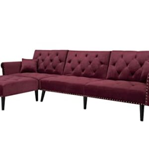 ATY Sectional Convertible Futon Sofa Bed, L-Shaped Couch with 2 Pillows and Reversible Chaise Lounge, Velvet Nailhead Decor Livingroom Furniture, 115", Red