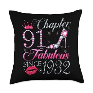 happy 91st birthday gift for ladies women chapter 91 fabulous since 1932 91st birthday gift for women throw pillow, 18x18, multicolor