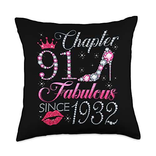 Happy 91st Birthday Gift For Ladies Women Chapter 91 Fabulous Since 1932 91st Birthday Gift for Women Throw Pillow, 18x18, Multicolor