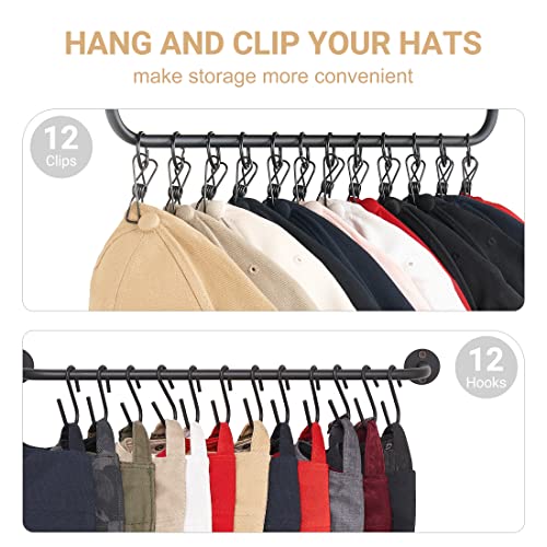 Mkono Hat Rack for Wall with Shelf 24 Baseball Caps Organizer with 12 Hook 12 Clips Wooden Hat Shelf Metal Hat Hanger for Baseball Hats and Accessories Storage, Cowboy Hat Rack for Closet Bedroom