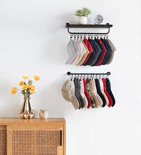 Mkono Hat Rack for Wall with Shelf 24 Baseball Caps Organizer with 12 Hook 12 Clips Wooden Hat Shelf Metal Hat Hanger for Baseball Hats and Accessories Storage, Cowboy Hat Rack for Closet Bedroom