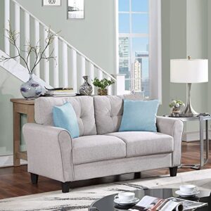 merax modern mid century comfy loveseat sofa tufted linen small couch for living room bedroom office light grey love, 2-seat