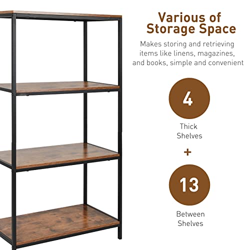 ECOMEX 4 Tier Bookshelf, Tall Bookcase with Metal Frame for Stroge,Industrial Bookshelf and Bookcases for Bedroom,Livingroom,Office Brown