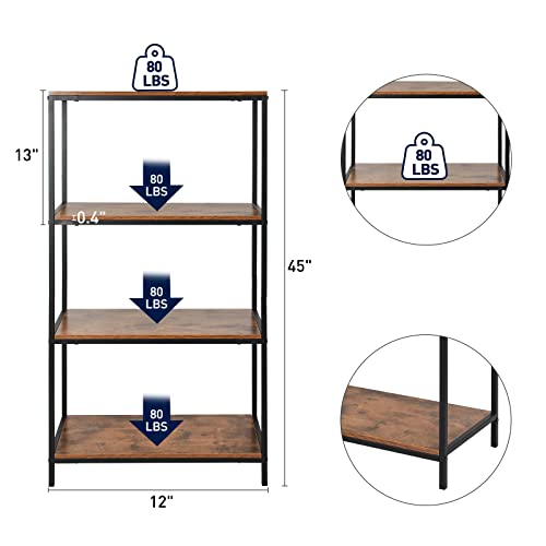 ECOMEX 4 Tier Bookshelf, Tall Bookcase with Metal Frame for Stroge,Industrial Bookshelf and Bookcases for Bedroom,Livingroom,Office Brown