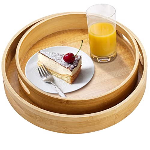 Jucoan 2 Pack Round Bamboo Wood Serving Tray with Handle, 10 &12 Inch Coffee Tea Serving Tray, Breakfast Food Drink Platter for Ottoman Table Kitchen