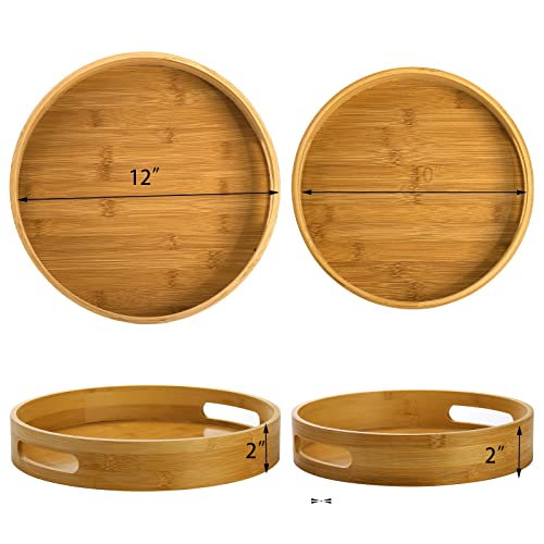 Jucoan 2 Pack Round Bamboo Wood Serving Tray with Handle, 10 &12 Inch Coffee Tea Serving Tray, Breakfast Food Drink Platter for Ottoman Table Kitchen