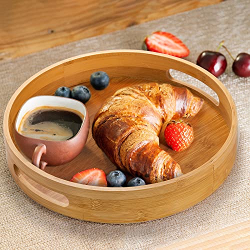 Jucoan 2 Pack Round Bamboo Wood Serving Tray with Handle, 10 &12 Inch Coffee Tea Serving Tray, Breakfast Food Drink Platter for Ottoman Table Kitchen