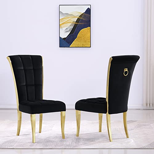 ACEDÉCOR Dining Chairs, Upholstered High-end Velvet Dining Room Chair with Metal Back Ring Pull Trim Golden Legs, Modern Elegant Dining Chair for Dining Room, Apartment, Kitchen (Black, Set of 2)