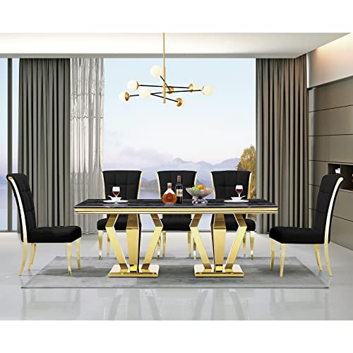 ACEDÉCOR Dining Chairs, Upholstered High-end Velvet Dining Room Chair with Metal Back Ring Pull Trim Golden Legs, Modern Elegant Dining Chair for Dining Room, Apartment, Kitchen (Black, Set of 2)