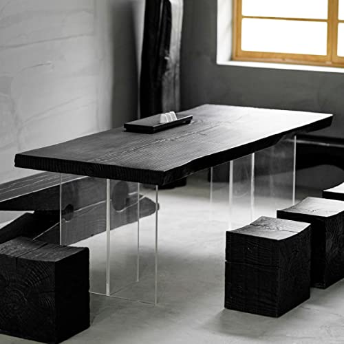 SUSUO 63" L x 27.6" W Modern Solid Wood Dining Table, Natural Wood Pattern Table Top Black with Clear Acrylic Base, Mid-Century Home Dining Room Furniture