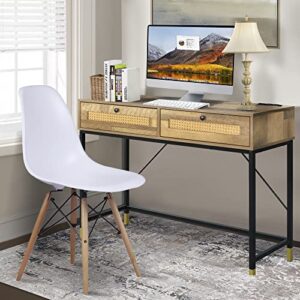 GIA Home Furniture Series Mid Century Writing Rattan Crafted Drawers,Wood Computer Desk Installed with USB Ports and Power Outlet,Salmon Oak Finishing, Black Metal Leg