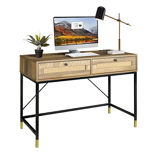 GIA Home Furniture Series Mid Century Writing Rattan Crafted Drawers,Wood Computer Desk Installed with USB Ports and Power Outlet,Salmon Oak Finishing, Black Metal Leg