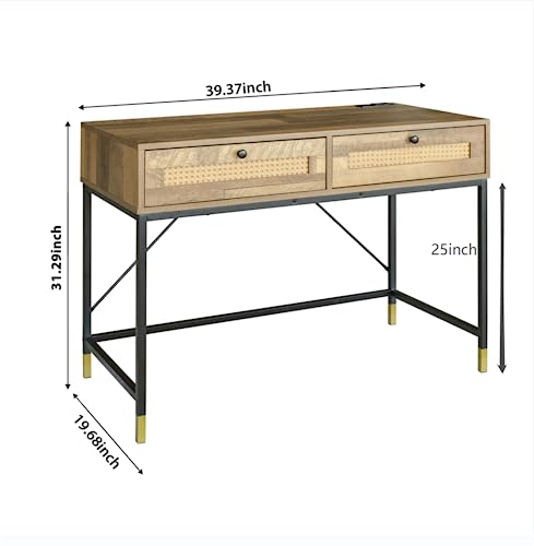 GIA Home Furniture Series Mid Century Writing Rattan Crafted Drawers,Wood Computer Desk Installed with USB Ports and Power Outlet,Salmon Oak Finishing, Black Metal Leg