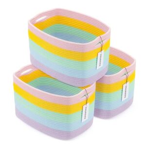 xuanguo cotton rope storage basket bins woven basket for organizing shelves rectangle decorative baskets for storage clothes toys books towels square wicker nursery basket organizer 3 pack rainbow