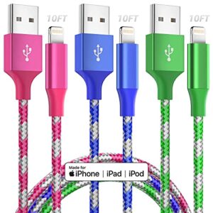 [apple mfi certified] iphone charger fast charging 3 pack 10 ft lightning cable iphone charger cable nylon braided long iphone cord compatible with iphone 14 13 12 11 x pro max plus se and more