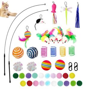 yushoo 43pcs cat toys, interactive cat kitten toys for indoor automatic cat toys cat feather teaser wand toys include cat springs, mice, balls and bells toys, cat wand toys for cat kitten