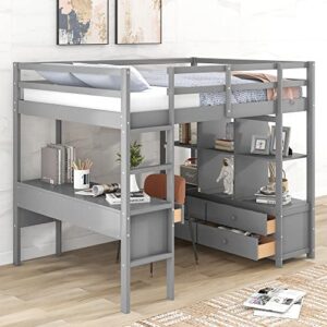 merax full size loft bed with built-in desk with two drawers, storage shelves, solid wood frame for teens, grey
