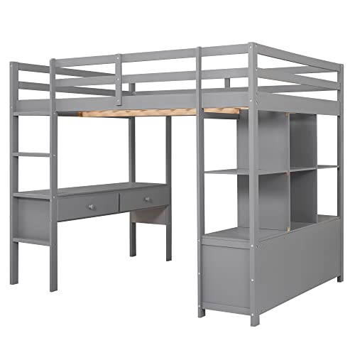 Merax Full Size Loft Bed with Built-in Desk with Two Drawers, Storage Shelves, Solid Wood Frame for Teens, Grey