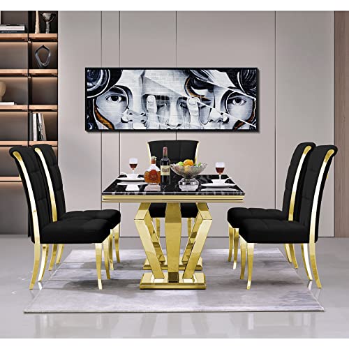 ACEDÉCOR Modern Dining Table, 78 inches Rectangular Dining Room Table for 6 to 8, Double Pedestal Dining Table in Black Gold