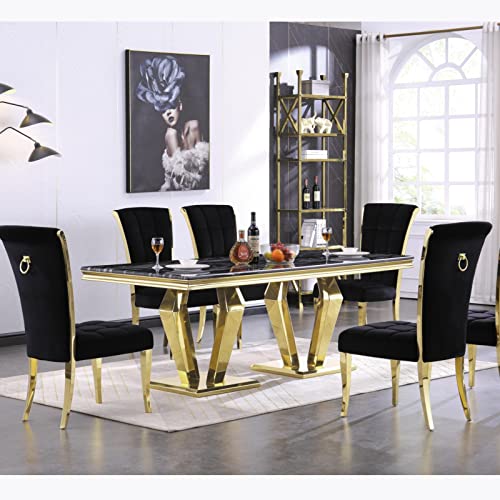 ACEDÉCOR Modern Dining Table, 78 inches Rectangular Dining Room Table for 6 to 8, Double Pedestal Dining Table in Black Gold